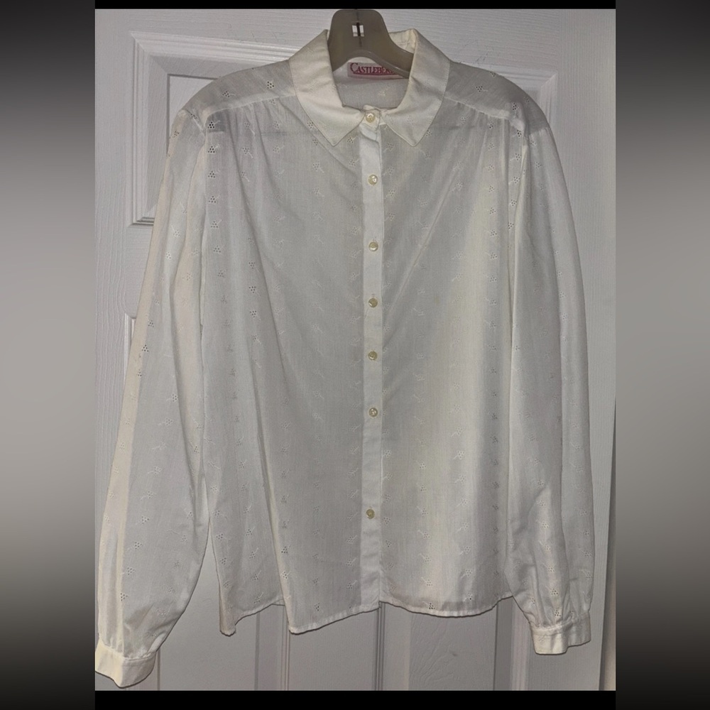 Vintage Castleberry Women’s White Button Up Eyelet Dress Shirt Blouse S 16